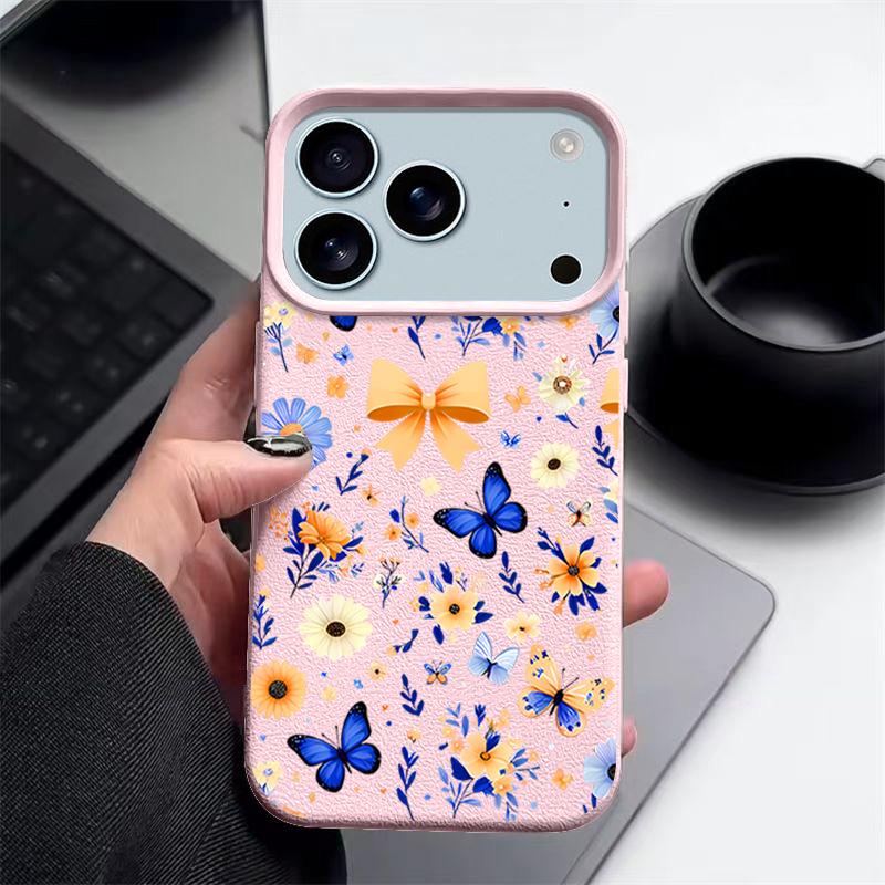 

Чехол с цветочным узором и синей бабочкой для iPhone 17 Pro Max Funda iPhone 16 Pro Max 15 14 13 12 11 Air 16E Силиконовый чехол с текстурой кожи iPhone 12 Pro Max розовый