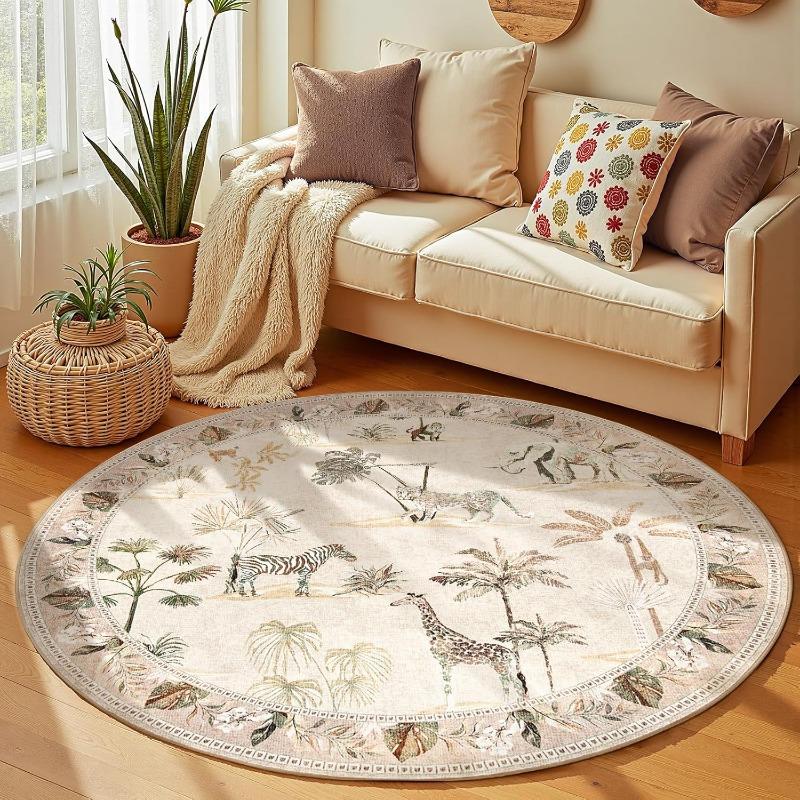 Alfombra Redonda Grande para Sala de Estar,Estilo Nórdico,con Estampado de Animales,Alfombra Plegable para Dormitorio