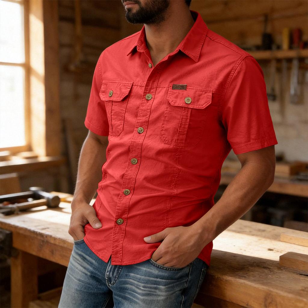 Men's Short Sleeve Button Down Shirt Collar Loose Fit Work Shirt with Pockets Color Casual Everyday Wear