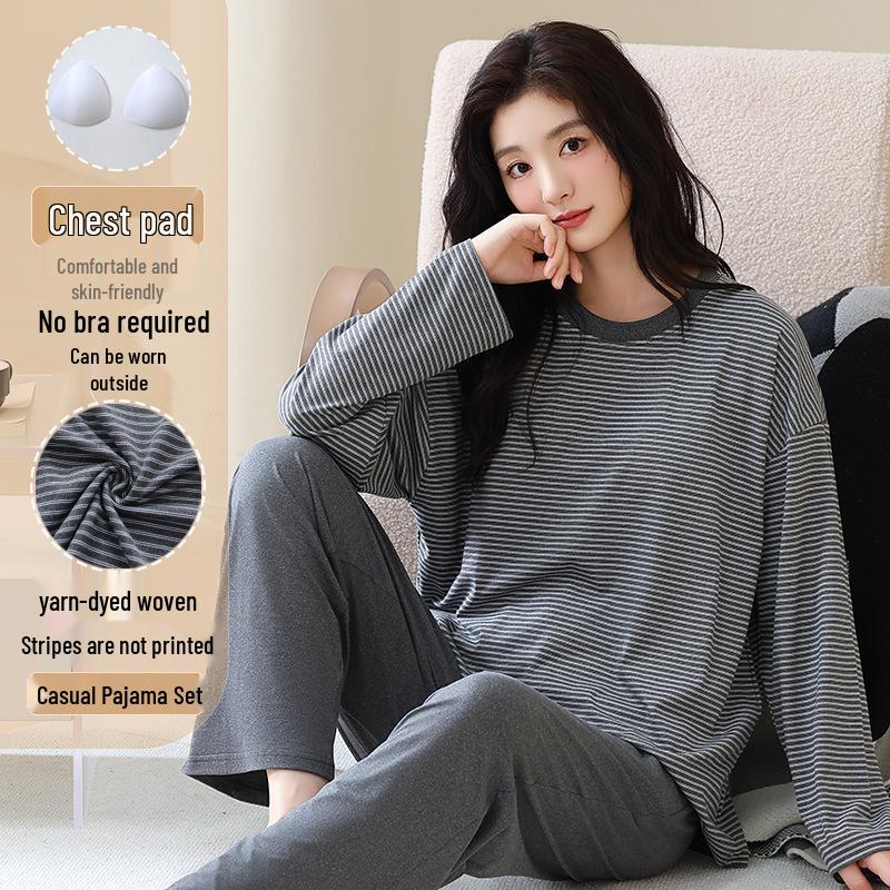 Pyjama d'automne pour femme à col rond rayé à manches longues avec coussinets de poitrine - Ensemble décontracté grande taille pour la maison et l'extérieur