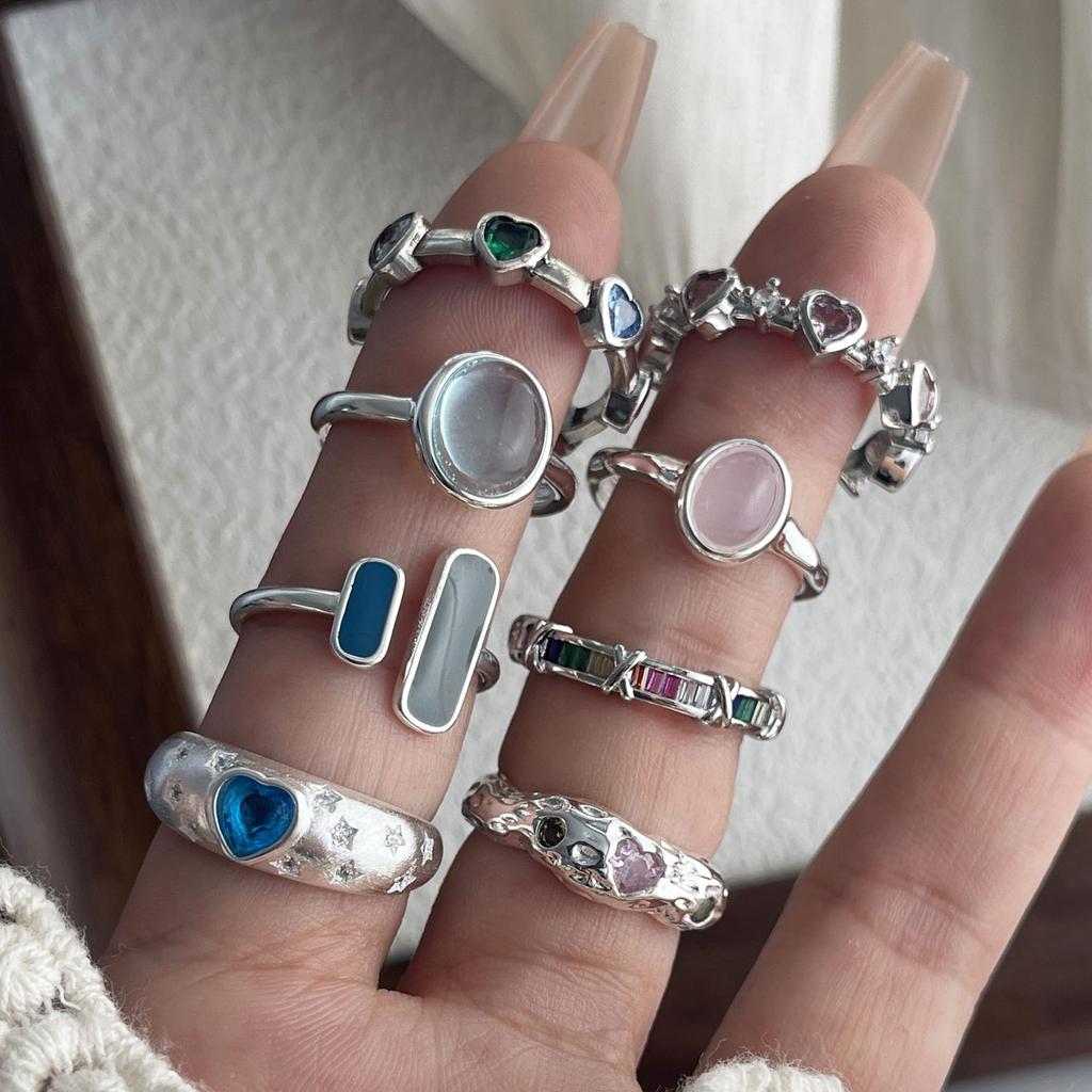 925 Silver Rings for Women Couple Minimalist Handmade Blue Pink Stone Shinning Ring Fine Jewelry Gift Prevent Allergy