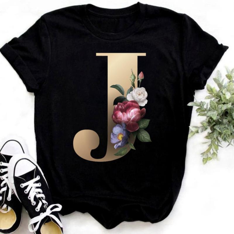 Fashion Golden 26 Letters Flower Harajuku Print Ladies T-shirt Casual Basics O-collar Black Shirt Short Sleeve Ladies T-shirts