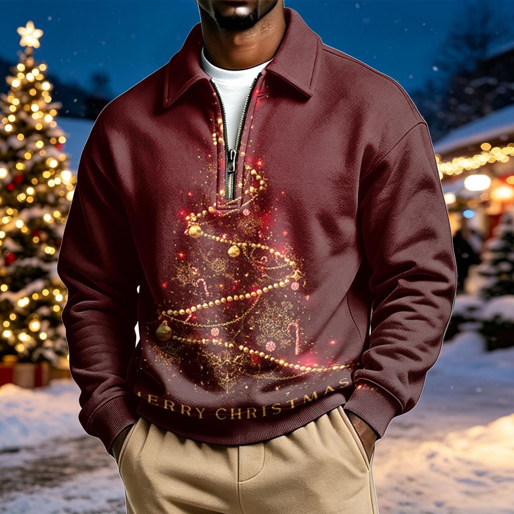 Men's Casual Christmas Print Quarter-Zip Sweatshirt with Collar