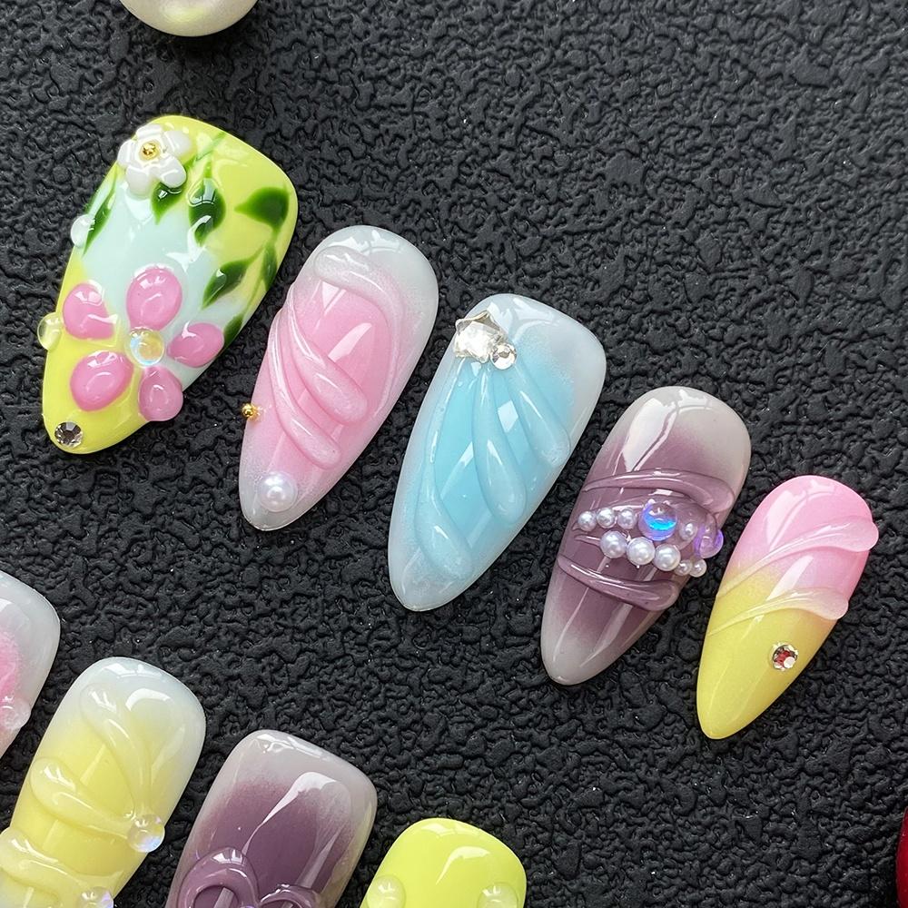 Glossy Hand Paint Thickness Acrylic Handmade Nail Sets 10PCS Multicolor Luxurious Gorgeous UV Gel Carved Artificial Manicure Art