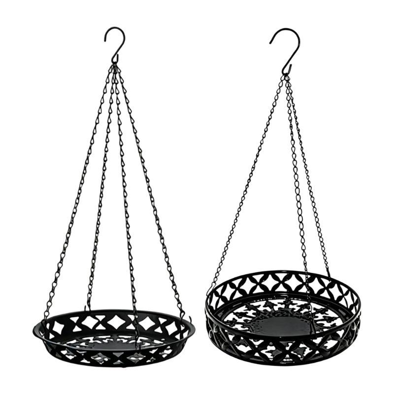 Round Hanging Flower Basket with Top Hook and Black Frame, Indoor Balcony Window Holder for Home Plant Pot Display