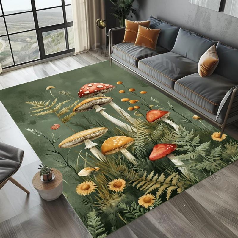 Dark Retro Cottagecore Mushroom Plant Area Rug Non Slip Floor Mat for Living Room Bedroom Whimsical Forest Home Decor