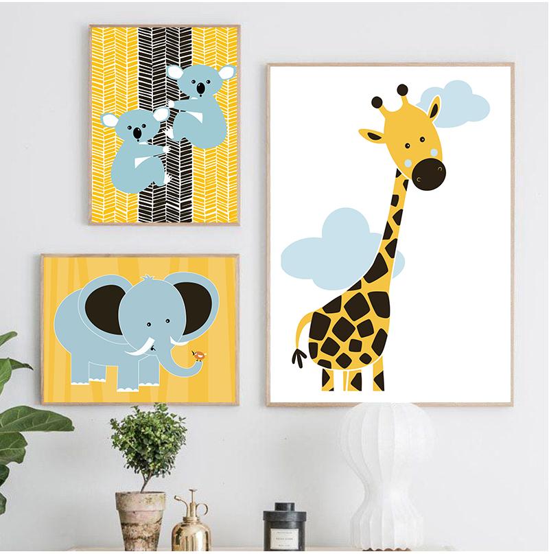 Yellow Lion Canvas Painting Baby Room Decor Cartoon Animals Wall Art Nordic Zebra Plakat Wall Pictures For Baby Kids Room No Frame