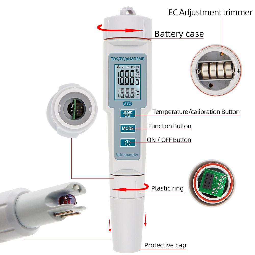 4 in 1 Water Quality Meter PH TDS EC Temp Tester Waterproof PH Meter ATC Water Detector for Pools Drinking Water Aquariums