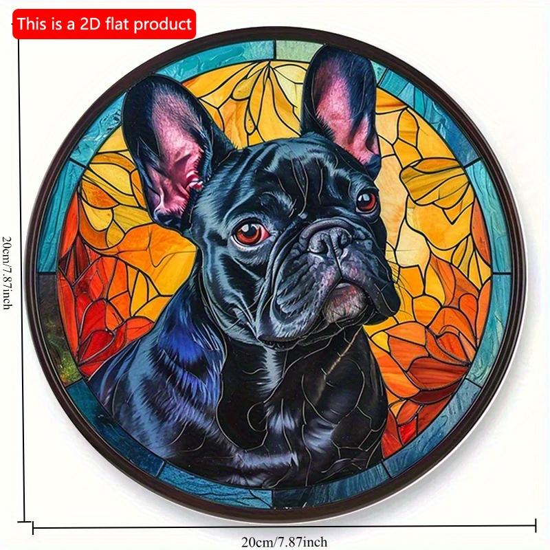 2d Flat 20*20cm, Dog Round Wooden Sign, Animal French Bulldog Wreath Sign, Round Wreath Sign, for Home, Kitchen, Garden, Bedroom, Bar Decoration.