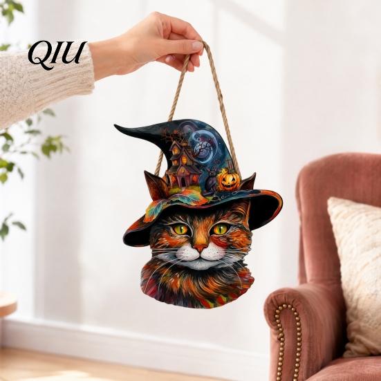 Halloween Sign Wooden Hanging Door Sign, Cute Painted Cat Welcome Ornament with Witch Hat Haunted Decoration Wood House Pumpkin, Rustic Wall Decor