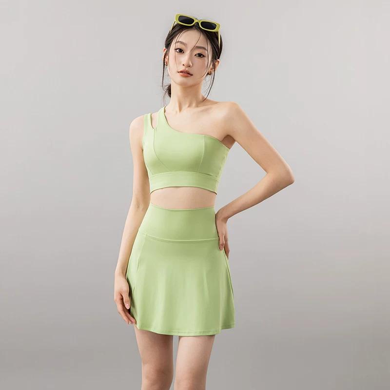 European and American Spring and Autumn New Style One-Shoulder Fitness Bra for Women, Sports Casual One-Shoulder Yoga Fitness Sports Skirt Two-Piece