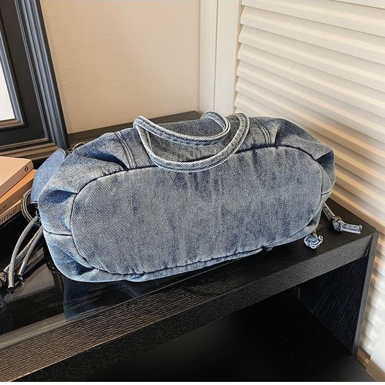 Vintage drawstring denim bucket bag women's shoulder messenger bag