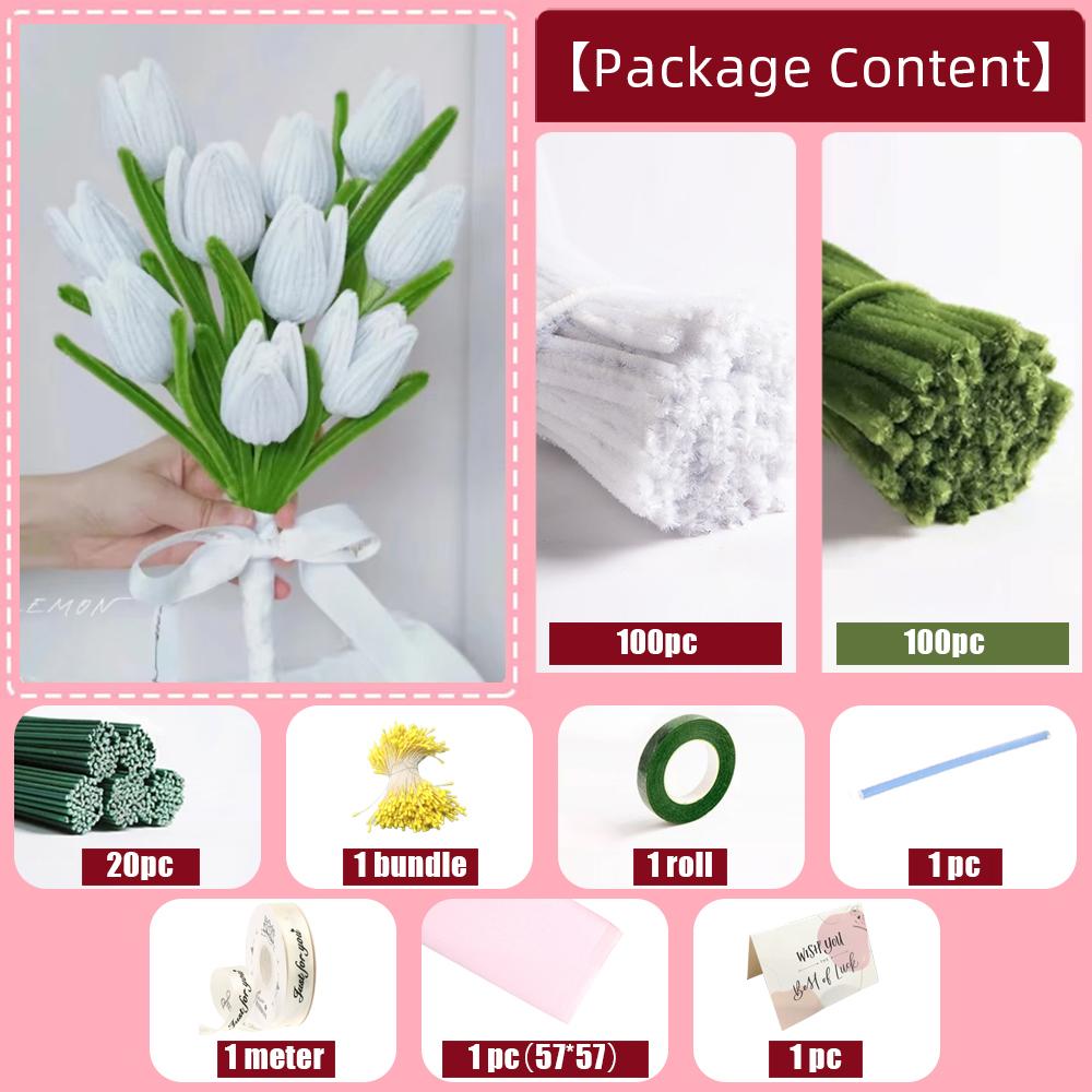 200PCS Tulip Pipe Cleaners for Craft, Chenille Stems with Flower Pole, Flower Core & Gardening Tape, Arts & Crafts for DIY
