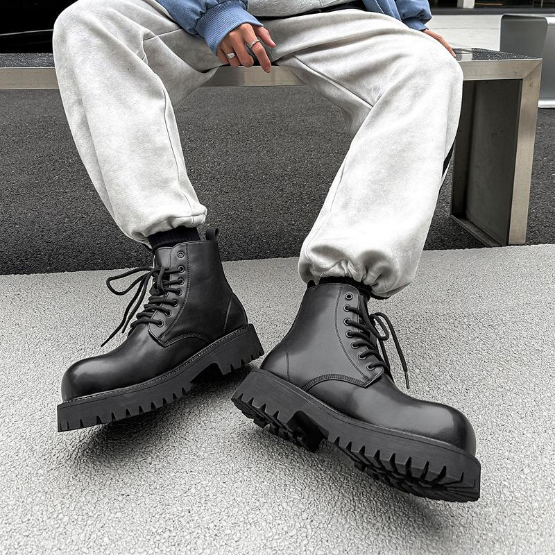 

Black high-top Martin boots men s winter velvet warm thick-soled heightening British style retro tooling shoes 8268-J 38 чёрный