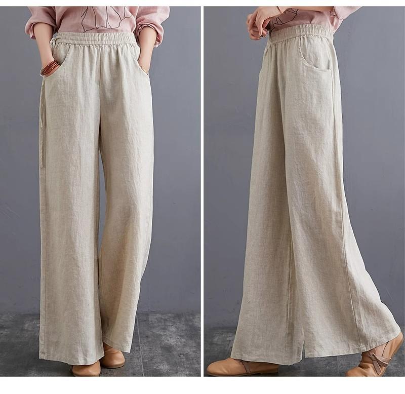 Frühlings- und Sommer-Literarische Baumwoll- und Leinenhosen Locker Große Größe Weiter Bein Hosen Hohe Taille Bodenlange Hosen Gerade Hosen Leinen Damen Hosen