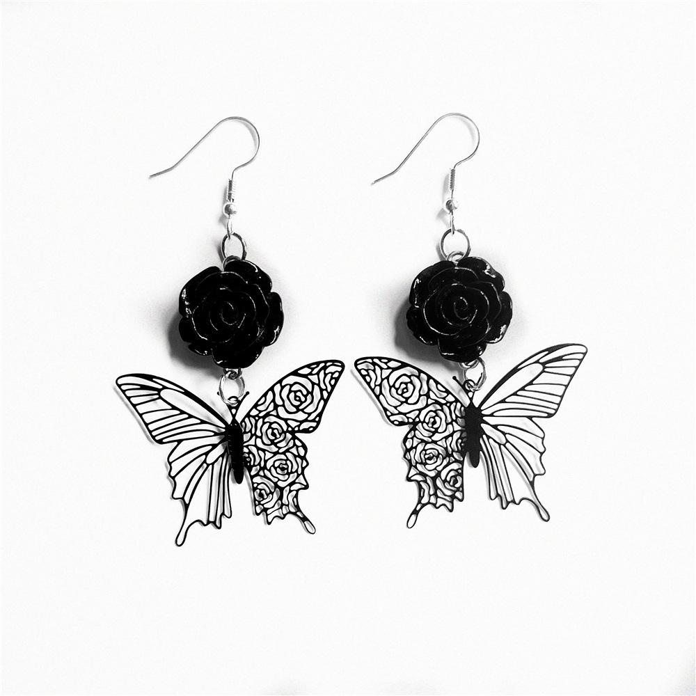 Gothic Black Roses and Cross Pendant Earrings Jewelry