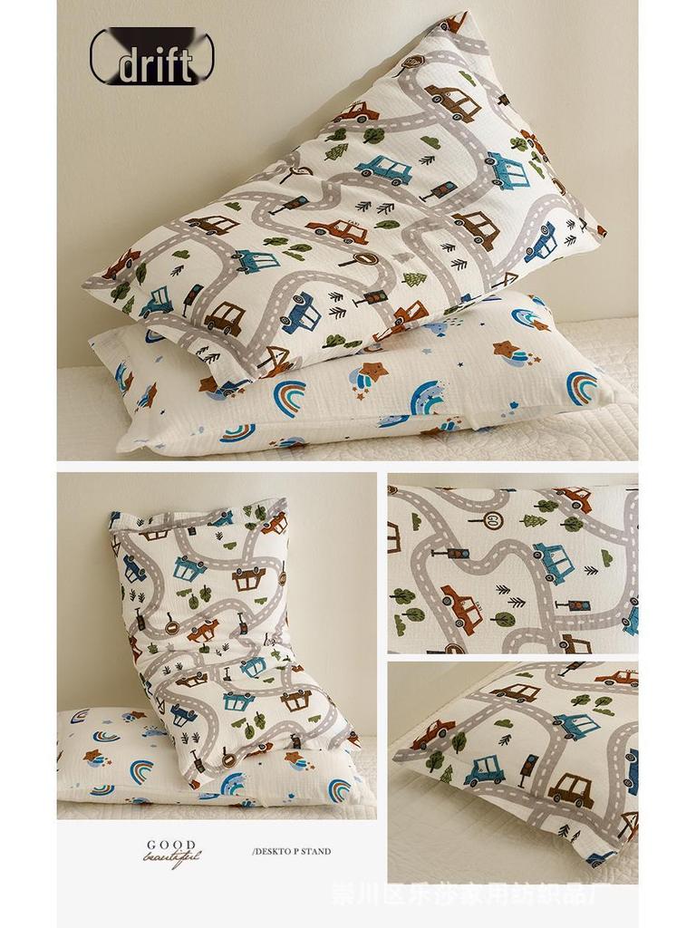 Class A Cartoon Crinkle Gauze Pillowcase Set - 100% Cotton for Kids, 2-Piece Set