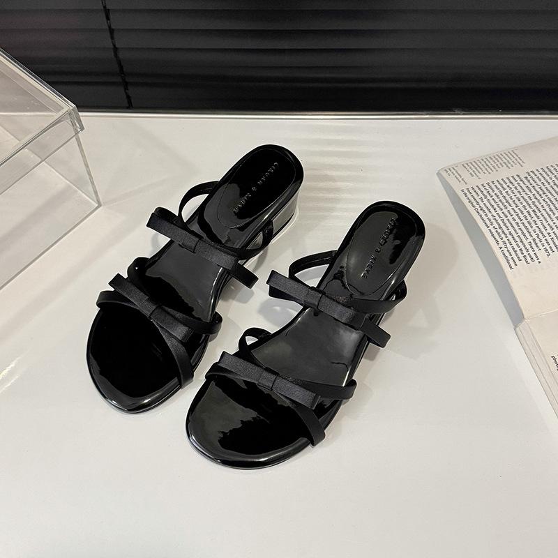 

Bow thick-soled open-toed versatile sandals spring and summer fairy style French slope heel heightening small cool slippers outside 35