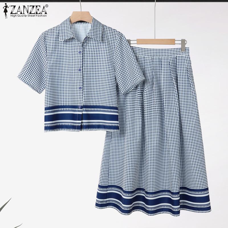 ZANZEA Women Short Sleeve Blouse and Long Skirts Grid Print Two Piece Sets