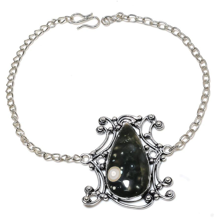 Natural Ocean Jasper Gemstone Handmade 925 Sterling Silver Necklace 18" q4I32