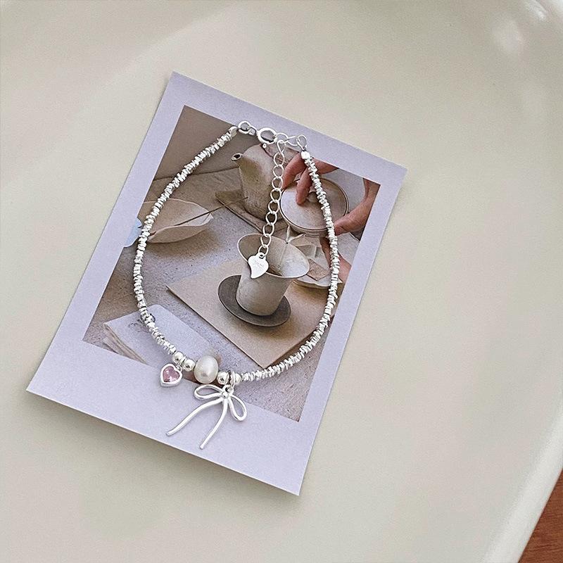 S925 Sterling Silver Small Pieces of Silver Bow Bracelet Pink Love Pearl Bracelet Female Sweet Girlish