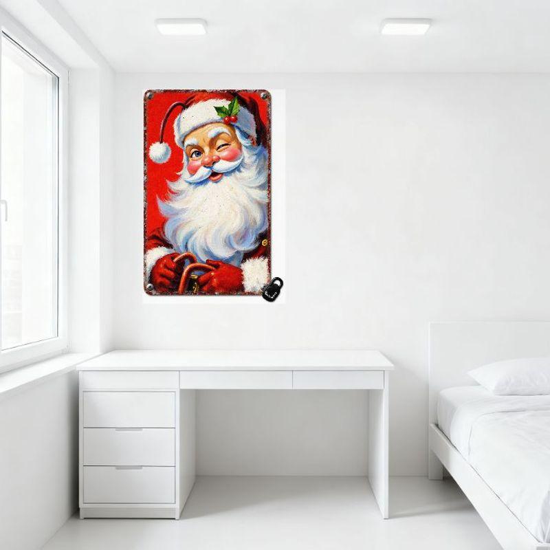 Vintage Santa Claus Metal Tin Sign - Retro Red Suit Jolly Figure with Holly Hat, Cane, Rosy Cheeks & Winking Eye, Solid Red Back