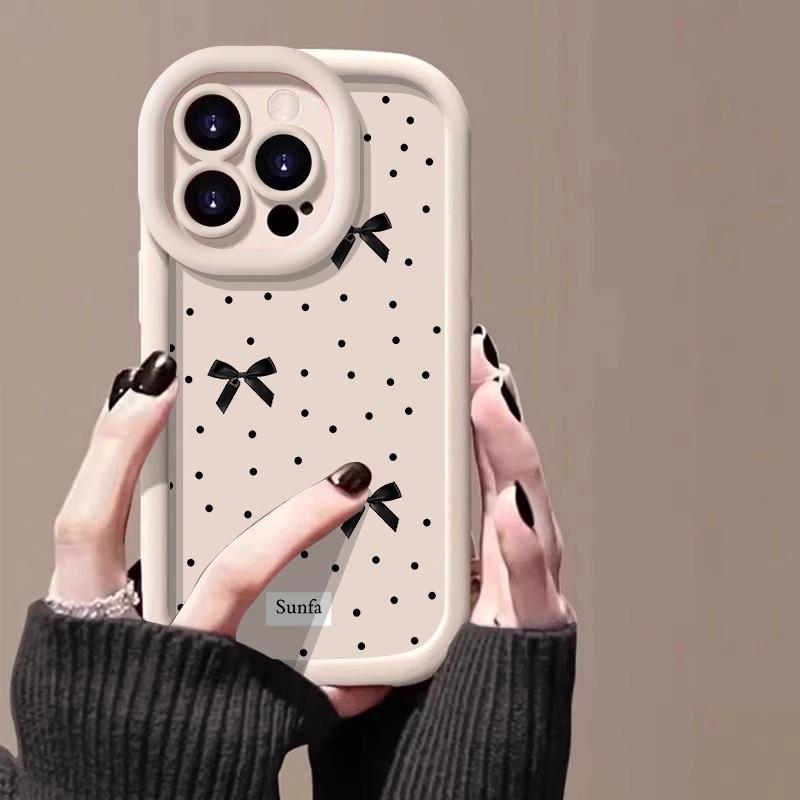 Bow Black Dots for Apple 15promax Mobile Phone Case Painting for IPhone14pro Skin Feel Puff 16/13