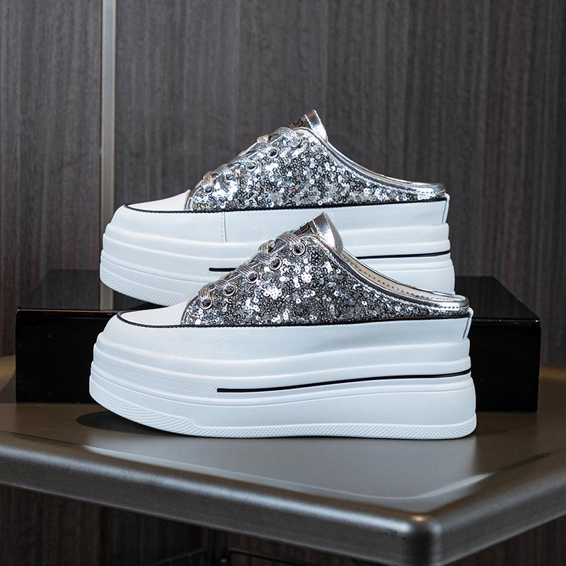 

Women s 7.5CM High Heel Slippers Bling Cover Toe Platform Sole Slippers Women Dress Spring Autumn Fashion Zapatillas De Mujer 39 серебряный