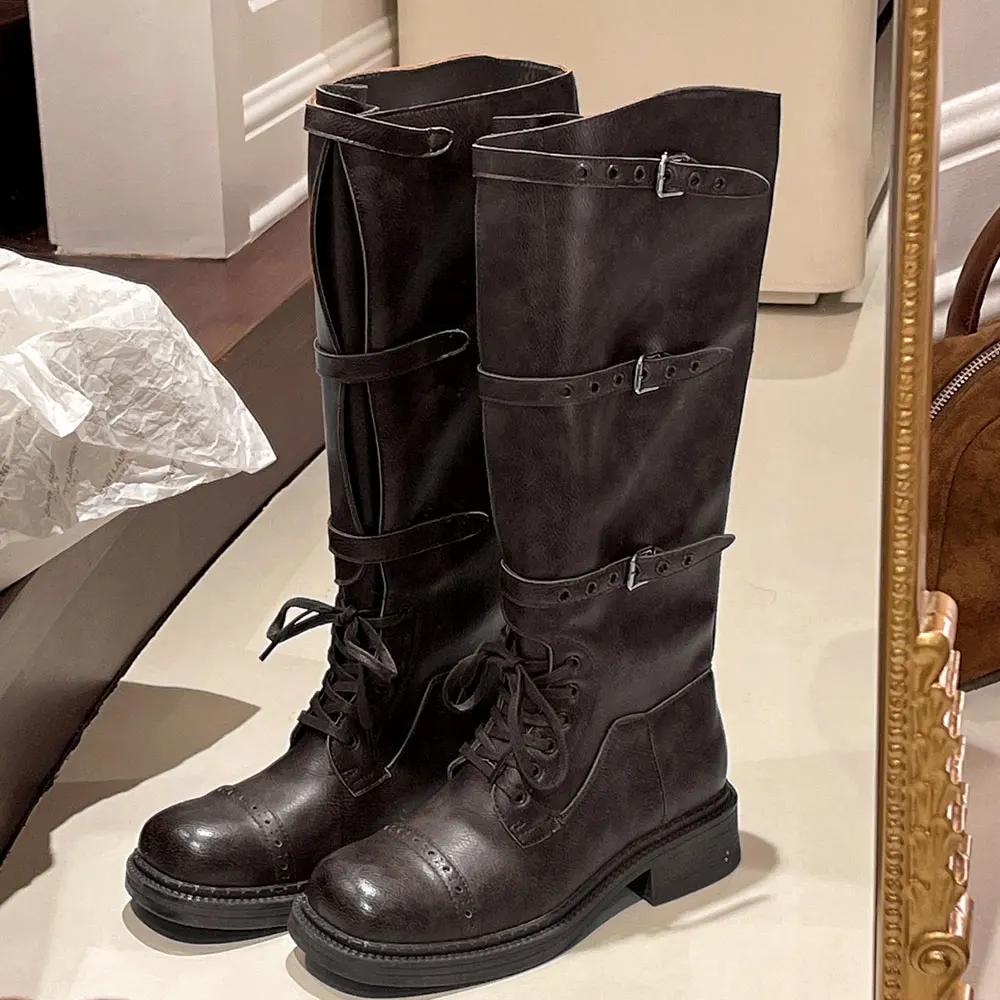 Women's Knee High Boots Vintage Belt Buckle Design Women's Boots Fashion Knight Boot Leather Long Tube Boots Botas Largas Mujer