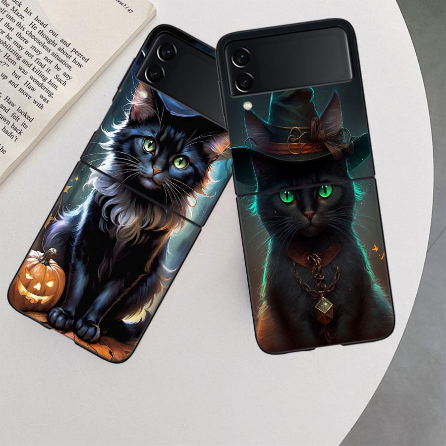 Halloween Magic Cat Phone Case For Samsung Z Flip 7 6 5G Galaxy Z Flip 5 4 3 Black Hard Cell Cover Luxury PC Shell Coque