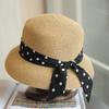 French Polka Dot Streamer Sweet Sunshade Basin Hat Hepburn Style Elegant Retro Vacation Summer Straw Hat Women