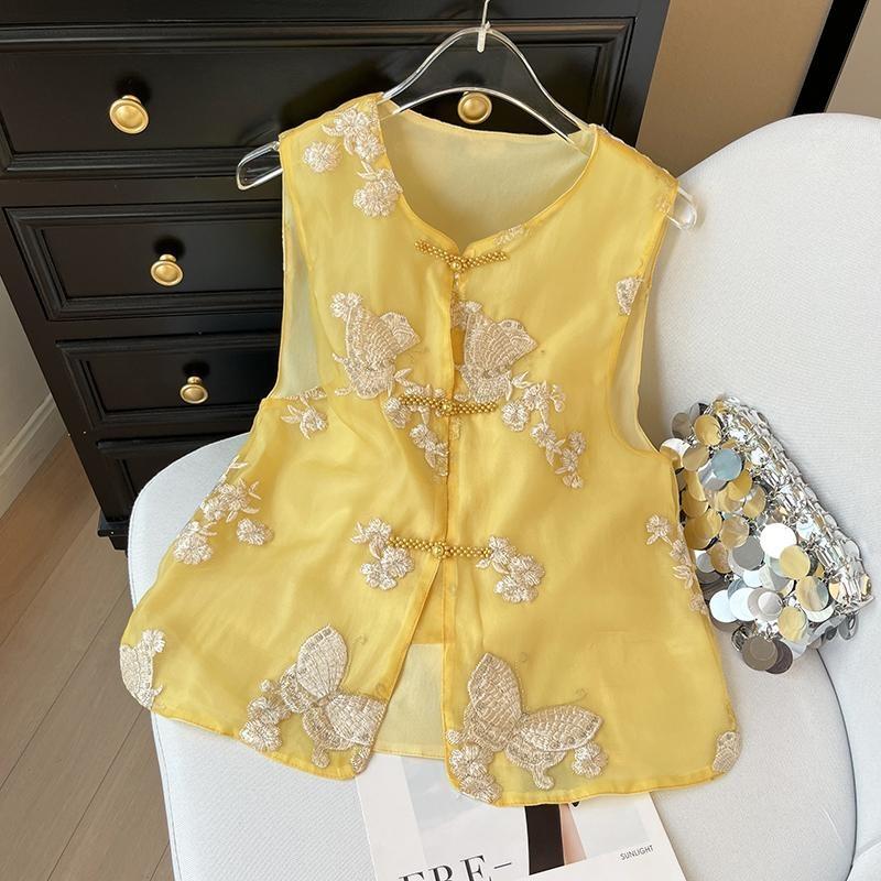 

Summer thin mesh vest embroidered vest, yellow vest top 3XL ([Recommended 138-75kg]) жёлтый