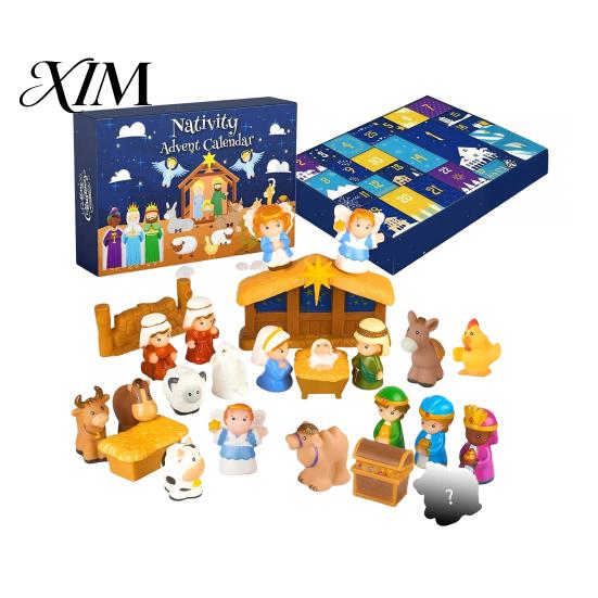 Interactive Christmas Surprise Toy 24 Days Nativity Advent Calendar for Kids, Countdown Decoration Children with Mini Figurines, Holiday