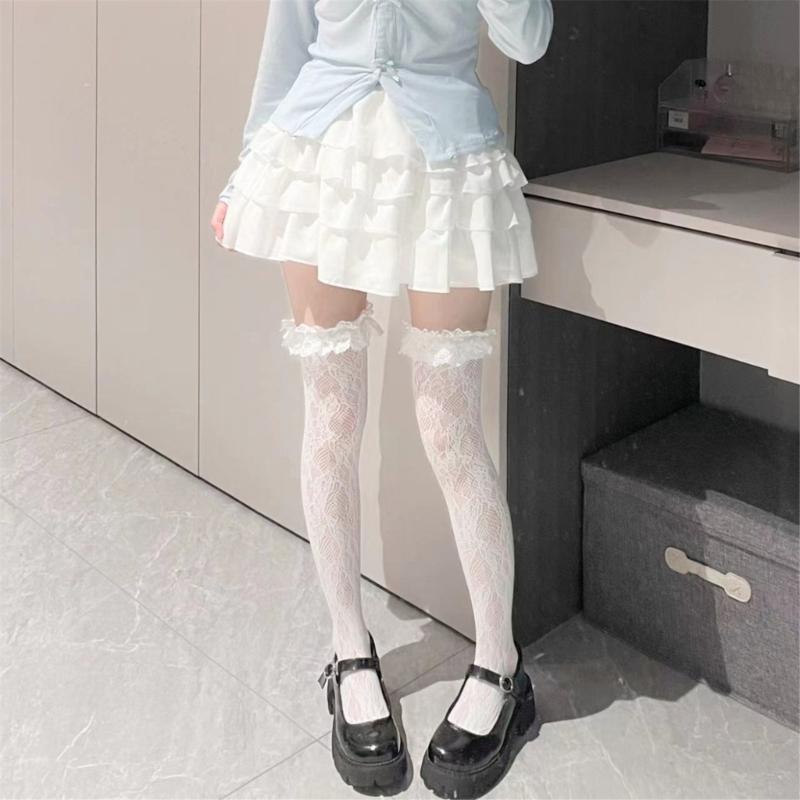Japanese Style Fishnet Thigh Highs Stockings for Women JK Girl Flower Patterned Lace Ruffle Trim Frilly Over Knee Socks
