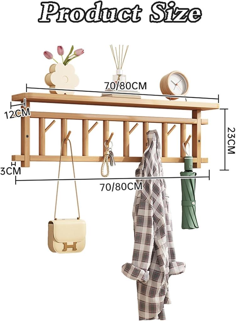 Coat Hooks Wall Mounted, Floating Shelf with Hat Rack,Space Saving,Home Essentials,Sturdy,for Hallway,Living Room,Bedroom(Wood Color,80 * 23 * 12cm)