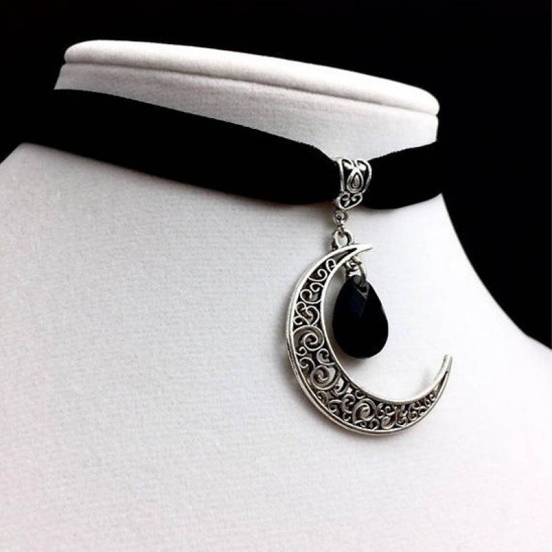 Gothic Velvet Cord Moon Bag Necklace with Teardrop Stone