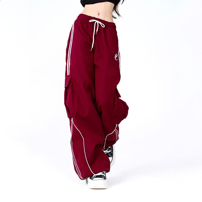 American Vintage Hip Hop High Street Loose Cargo Pants Women Stripe Elastic High Waist Drawstring Pocket Sports Straight Trouser