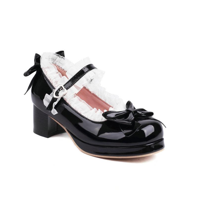 Girls High Heels Woman Heel Lolita Shoes Patent Leather Bow Mary Jane Pumps Women Wedding Cosplay Party Shoe Red Pink Black30-43