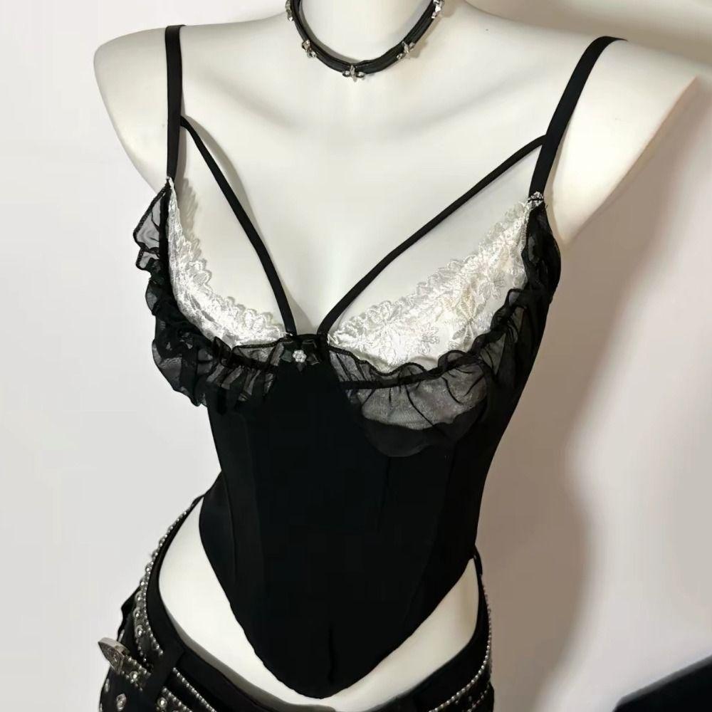 Ruffle Lace Corset Buckle Suspender Vest Spicy Girl Style Lace Flower Camisole  Spring Summer