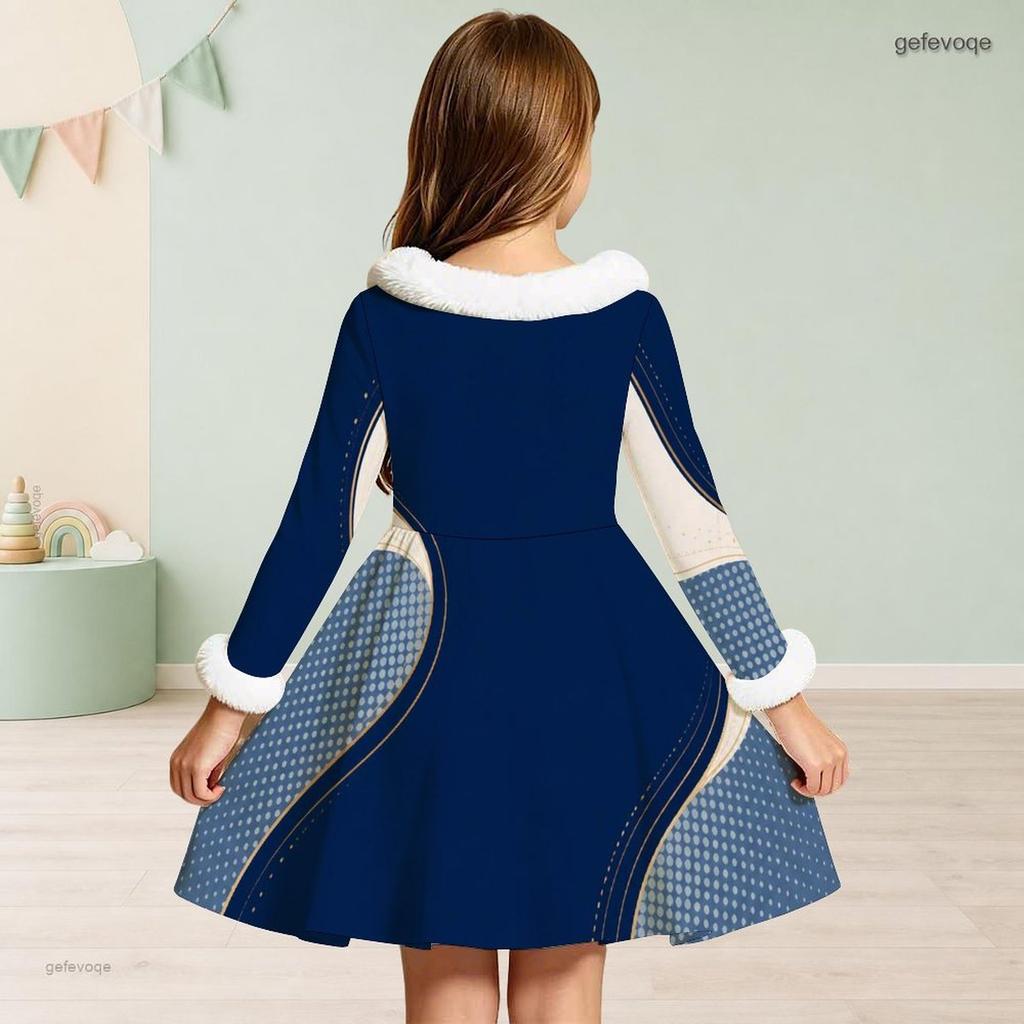 Girls Cream Printed Dress Furry Collar Long Sleeve Bow Waist A Line Flared Hem