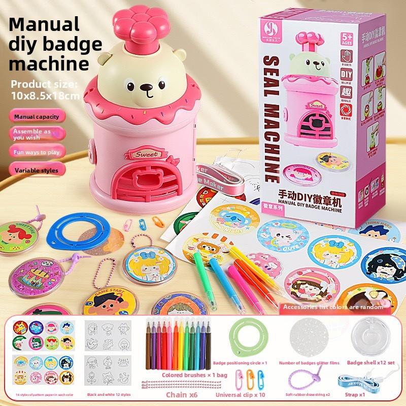 

Childrens Machine Crafting Diy Plastic Manual Badge Maker With Sticker Fun Toy рожевий