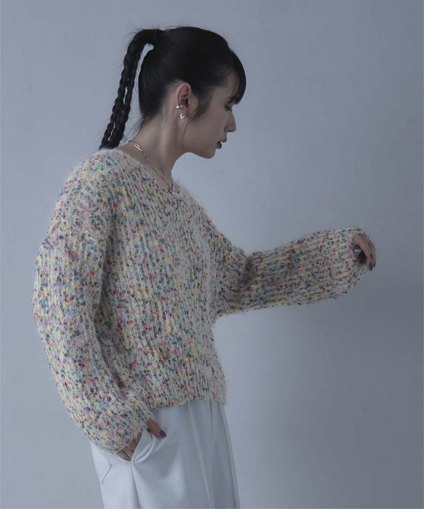 miette Color Nep Oversized Knit REW18105 Free Size Ivory V-Neck Women's