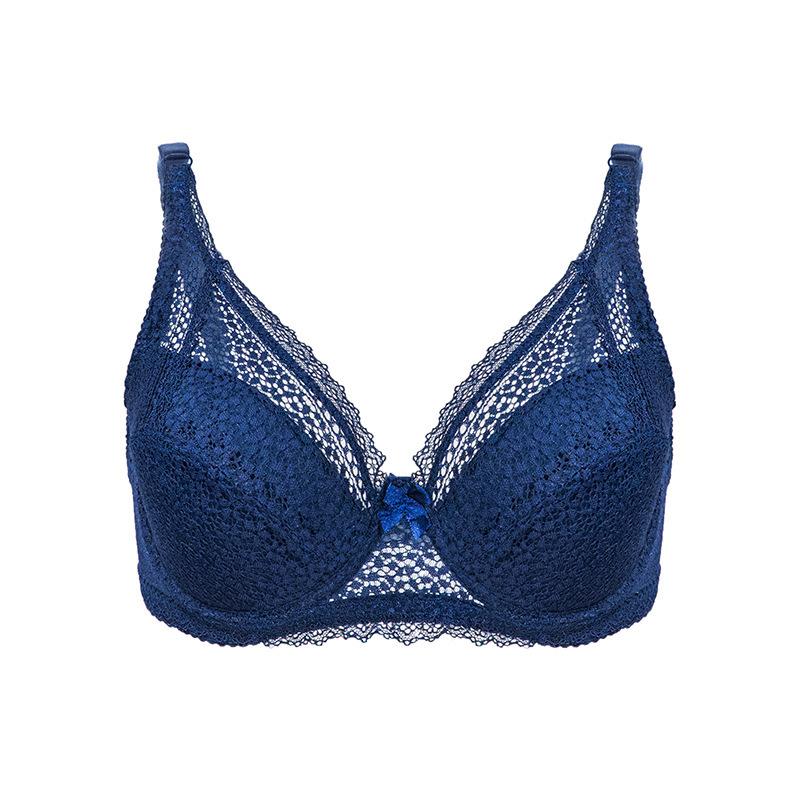 

Women s sexy big breasts with small steel rings and double breasts Women s perspective lace bra underwear large size bra 42/95D темно-синього кольору