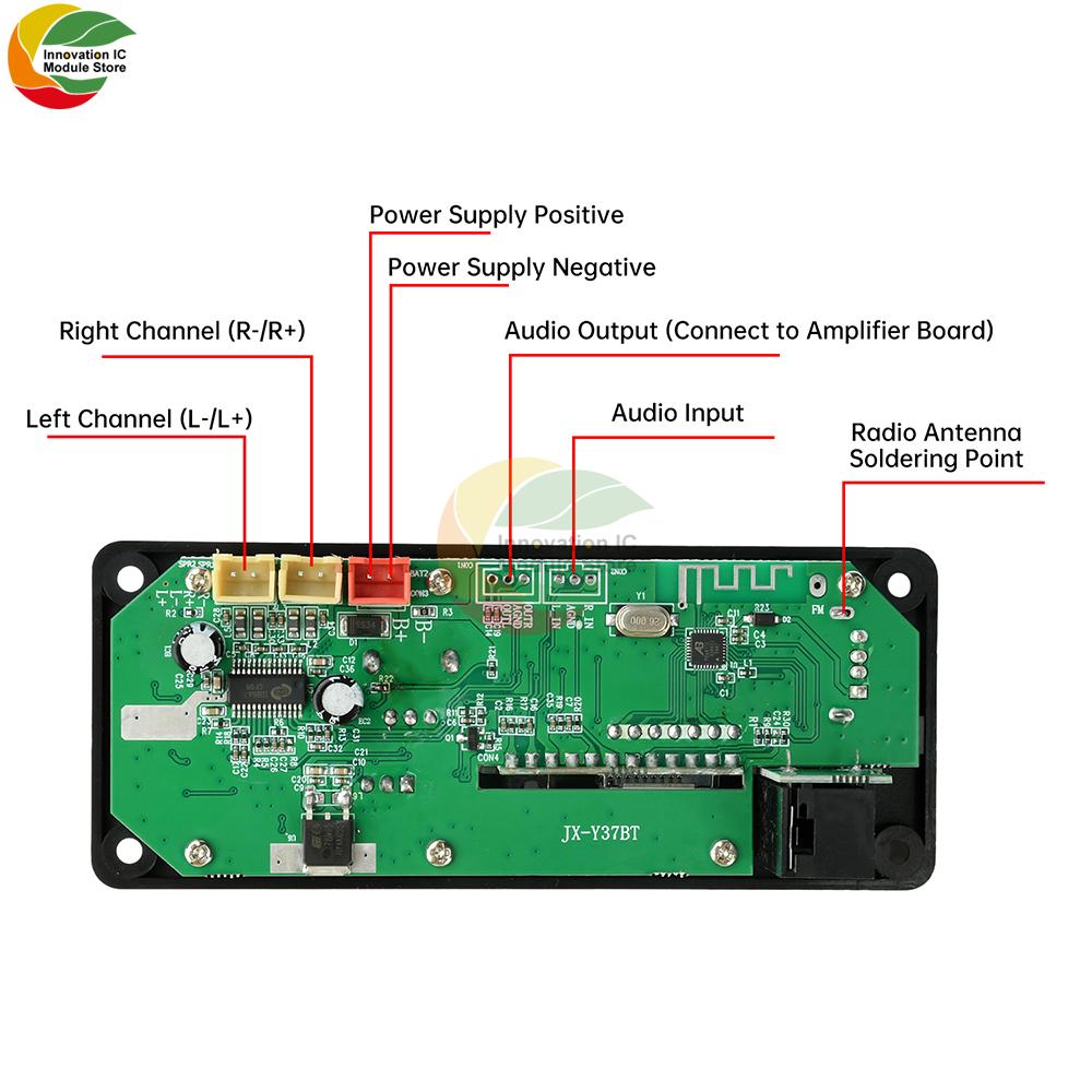 DC7-24V Color Screen BT MP3 Audio Decoder Board 6.5mm Microphone Recording Communication Mainboard 2x50W Amplifier 87.5-107.5MHz