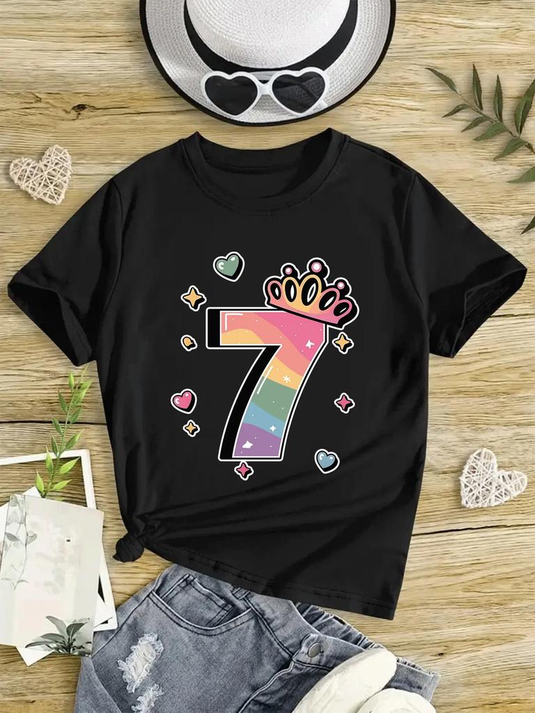 Settimo Compleanno Numero Sette Arcobaleno Con Corona Cuori Stelle Stampa Grafica Maglietta Manica Corta Bambini Tema Compleanno Girocollo Casual A