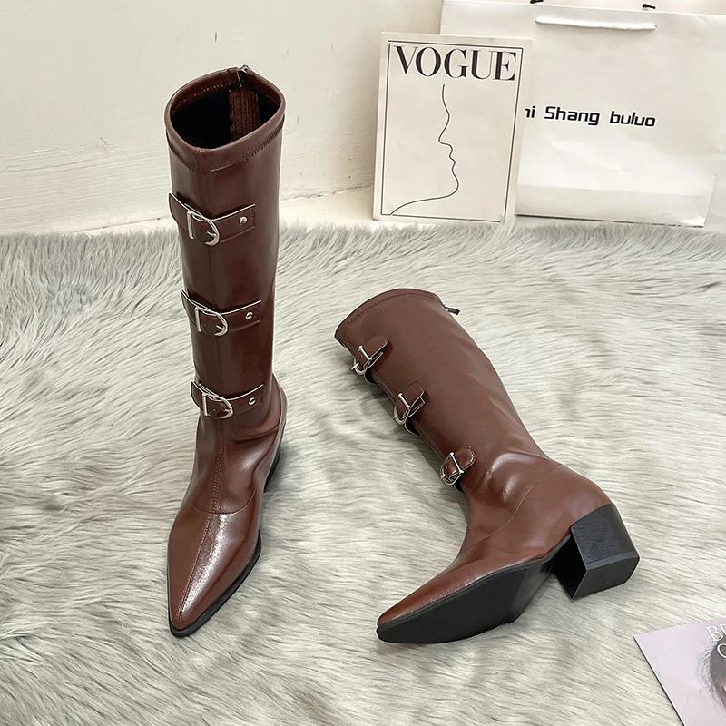

Зимние дизайнерские женские сапоги до колена, модные, с острым носком, современные, длинные, женские, повседневные, на толстом каблуке, Botas Mujer 35 коричневый