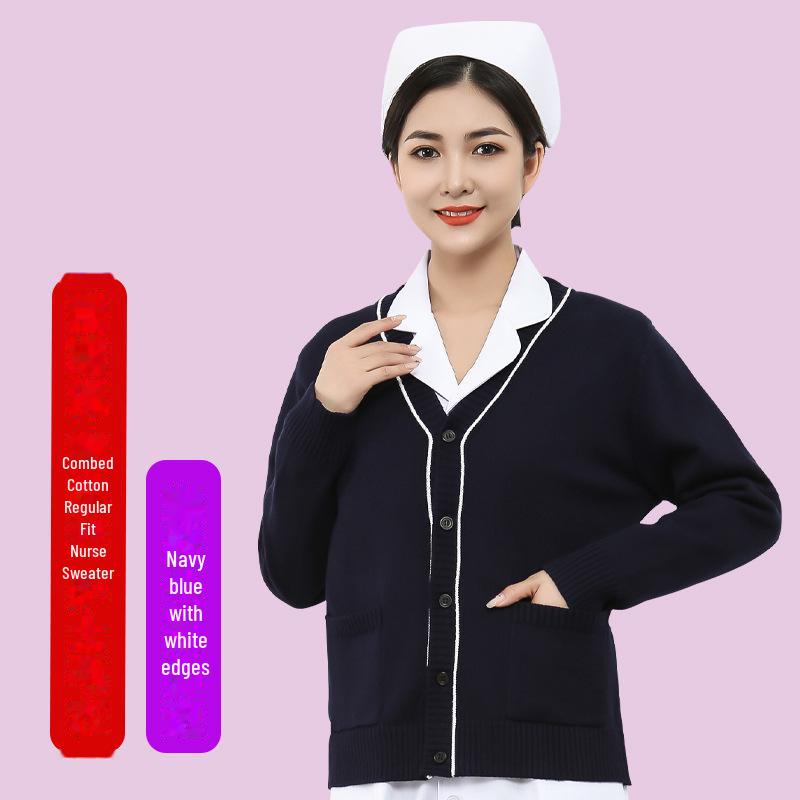 

Кардиган темно-синего цвета с V-образным вырезом для медсестер и врачей - длинный рукав, тонкий трикотаж 4XL