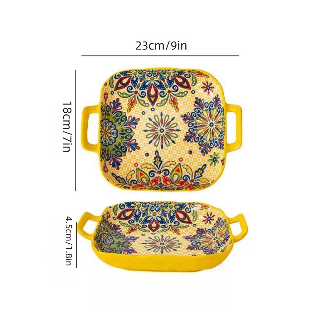 1 Piece of 9-inch Bohemian Style Salad Plate with Double Ear Ceramic Pasta Dish, Can Be Used for Oven, Microwave