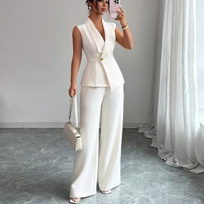 Womens Sleeveless V Neck Blouse Wide Leg Pants Set Solid Color Suit