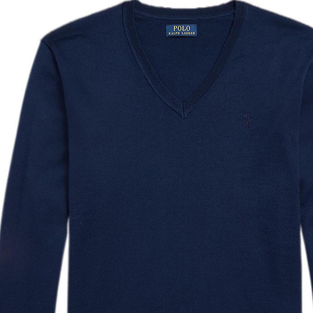 Polo Ralph Lauren Ss23 Jednobarevný V-neck svetr s vyšívaným logem Pánský svetr Tmavě modrý MNPOSWE16821108-410